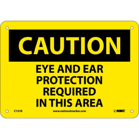 OSHA Sign, Caution Eye & Ear Protection Required In This Area, 7" X 10", Yellow/Black