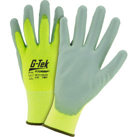 Touch Screen Hi Vis Yellow Nylon Shell Coated Gloves, Gray PU Palm Coat, XL