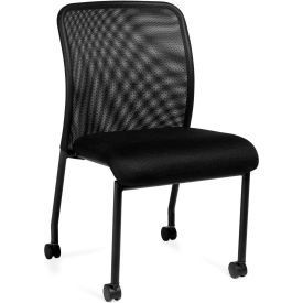 Armless Mesh Back Guest Chair with Casters - Fabric - Black