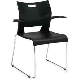 Molded Stacking Chair w/ Arms and Sled Base - Plastic - Black - Duet Series