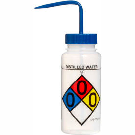 LDPE Wash Bottles, 500ml, Distilled Water Label, Blue Cap, Wide Mouth, 4/PK