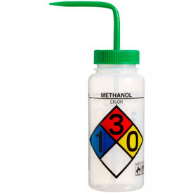LDPE Wash Bottles, 500ml, Methanol Label, Green Cap, Wide Mouth, 4/PK