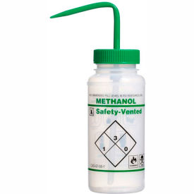 LDPE Wash Bottles 500ml, Methanol Label, Green Cap, Wide Mouth, 3/PK