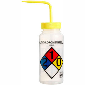 LDPE Wash Bottles 500ml, Dichloromethane Label, Yellow Cap, Wide Mouth, 4/PK