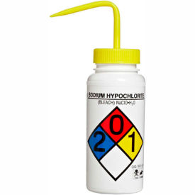 LDPE Wash Bottles 500ml, Sodium Hypochlorite Label, Yellow Cap, Wide Mouth, 4/PK