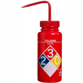 LDPE Wash Bottles, 500ml, Toluene Label, Red Cap, Wide Mouth, 4/PK