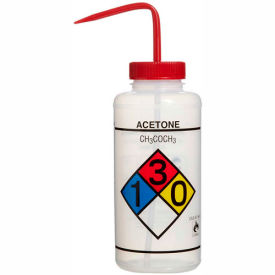 LDPE Wash Bottles, 1000ml, Acetone Label, Red Cap, Wide Mouth, 4/PK