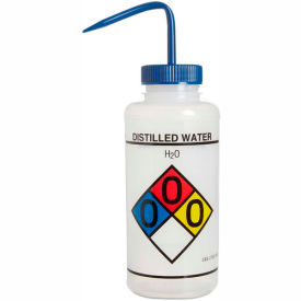 LDPE Wash Bottles, 1000ml, Distilled Water Label, Blue Cap, Wide Mouth, 4/PK