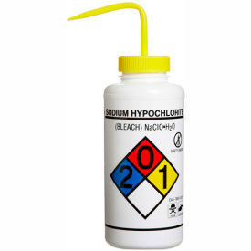 LDPE Wash Bottles, 1000ml, Sodium Hypochlorite Label, Yellow Cap, Wide Mouth, 4/PK