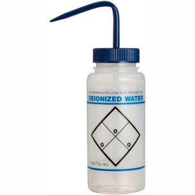 LDPE Wash Bottles, 500ml, Deionized Water Label, Blue Cap, Wide Mouth, 6/PK