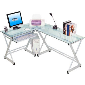 L-Shaped Tempered Glass Top Computer Desk with Pull Out Keyboard Tray, Clear