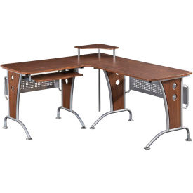 Deluxe L-Shaped Computer Desk with Pull Out Keyboard Panel, Mahogany