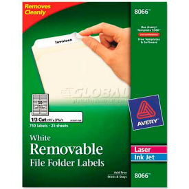 Removable Inkjet/Laser Filing Labels, 2/3 x 3-7/16, White, 750/Pack