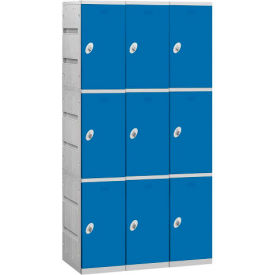 3-Tier 9 Door Plastic Locker, 38-1/4"W x 18"D x 74"H, Blue, Unassembled