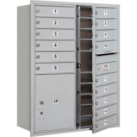 4C Horizontal Mailbox, 41"H, Double Column, 15 Door, Front Load, Aluminum, USPS