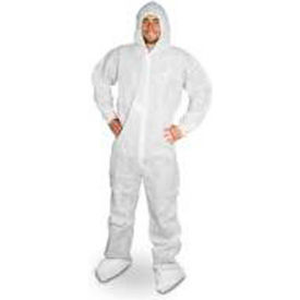 Polypropylene Coverall/Bunny Suit, Attached Hood & Boots, Zipper Front, White, XL