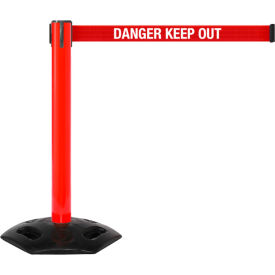 Retractable Belt Barrier, 40" Red Post, 16' Red "Danger-Keep Out" Belt