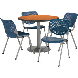 36" Round Dining Table & Chair Set, Medium Oak Table With Navy Plastic Chairs