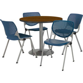 36" Round Dining Table & Chair Set, Walnut Table With Navy Plastic Chairs