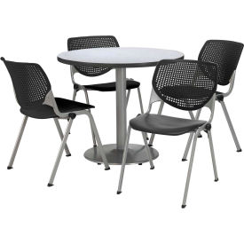 36" Round Dining Table & Chair Set, Gray Table With Black Plastic Chairs