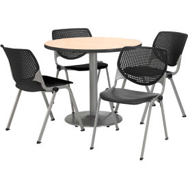 42" Round Dining Table & Chair Set, Natural Table With Black Plastic Chairs
