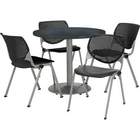 42" Round Dining Table & Chair Set, Graphite Table With Black Plastic Chairs