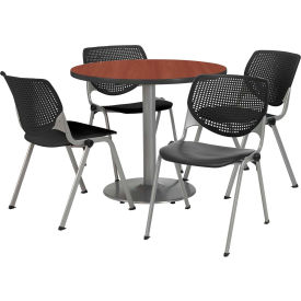 36" Round Dining Table & Chair Set, Mahogany Table With Black Plastic Chairs