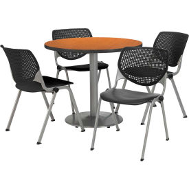 36" Round Dining Table & Chair Set, Medium Oak Table With Black Plastic Chairs