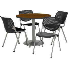 36" Round Dining Table & Chair Set, Walnut Table With Black Plastic Chairs