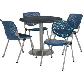 42" Round Dining Table & Chair Set, Graphite Table With Navy Plastic Chairs