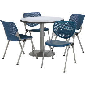 36" Round Dining Table & Chair Set, Gray Nebula Table With Navy Plastic Chairs
