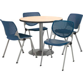 42" Round Dining Table & Chair Set, Natural Table With Navy Plastic Chairs