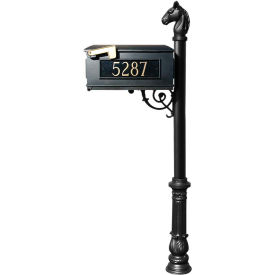 Equine Mailbox w/Cast Aluminum Address Plates, Horsehead Finial & Ornate Base, Black
