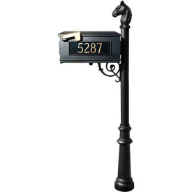 Equine Mailbox with Cast Aluminum Address Plates, Horsehead Finial & Fluted Base, Black