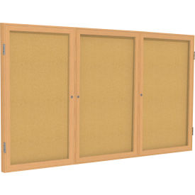 Enclosed Bulletin Board, 3 Door, 96"W x 48"H, Natural Cork/Oak Frame