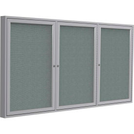 Enclosed Bulletin Board, 3 Door, 72"W x 36"H, Gray Fabric/Silver Frame