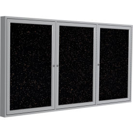 Enclosed Bulletin Board, 3 Door, 96"W x 48"H, Tan Speckled Recycled Rubber/Silver Frame