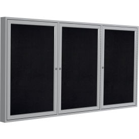 Enclosed Bulletin Board, 3 Door, 72"W x 48"H, Black Recycled Rubber/Silver Frame