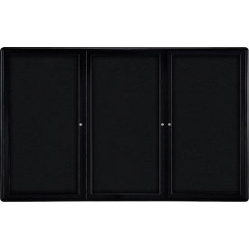 Enclosed Bulletin Board, 3 Door, 72"W x 48"H, Black Fabric/Black Frame
