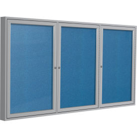 Enclosed Bulletin Board, Outdoor, 3 Door, 96"W x 48"H, Ocean Vinyl/Silver Frame
