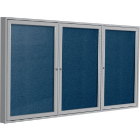 Outdoor Enclosed Bulletin Board, 3 Door, 72"W x 48"H, Navy Vinyl/Silver Frame