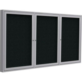 Enclosed Bulletin Board, 3 Door, 72"W x 48"H, Black Fabric/Silver Frame