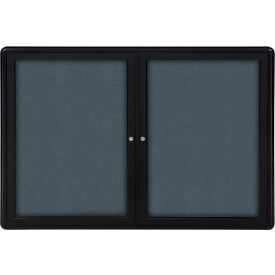 Ovation Enclosed Bulletin Board, 2 Door, 60"W x 36"H, Gray Fabric/Black Frame