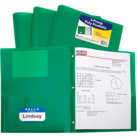 Two-Pocket Heavyweight Poly Portfolio Folder with Prongs, Green, 25 Folders/Set