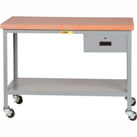 Mobile Butcher Block Top Table, 60 x 30", 2 Shelves, Drawer