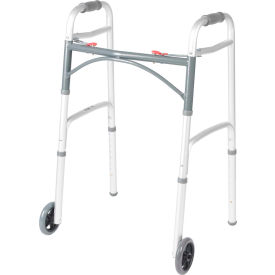 Deluxe Two Button Folding Walker with 5" Wheels, 17-1/2"L x 24"W, 32"- 39"H, Silver
