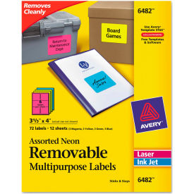 Removable Self-Adhesive Multipurpose Labels, 3-1/3 x 4, Assorted Neon, 72/Pack