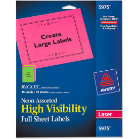 High-Visibility Laser Labels, 8-1/2 x 11, Assorted Neons, 15/Pack