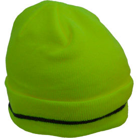 Hi-Visibility Safety Beanie Hat with Reflective Woven Stripe, Lime, One Size