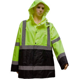 Rain Parka Jacket, ANSI Class 3, 300D Oxford/PU Coating, Lime/Black, 4XL